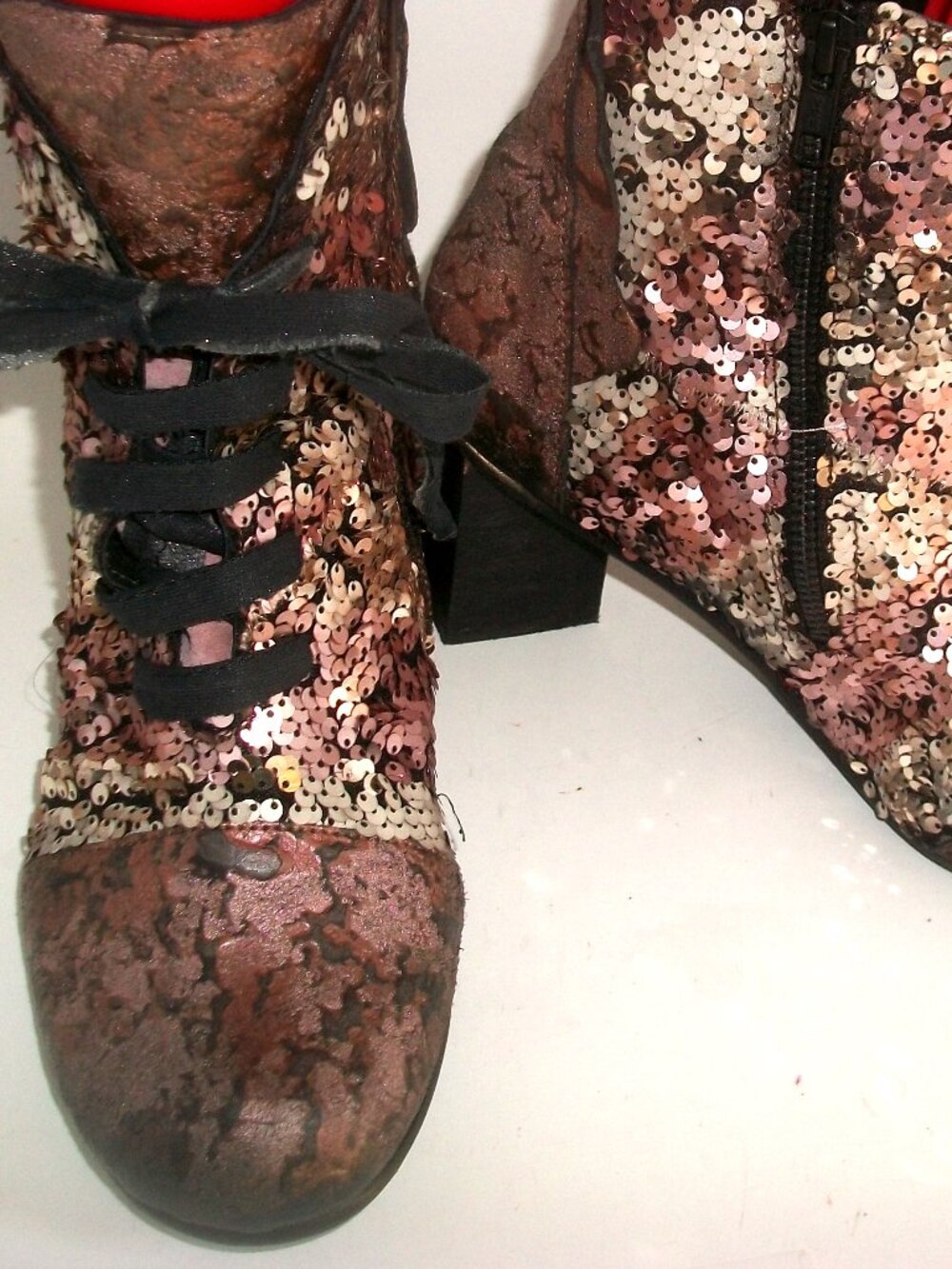 Papucei Handmade Lace Up Sequined & Textured Painted Leather High Heel Boots
